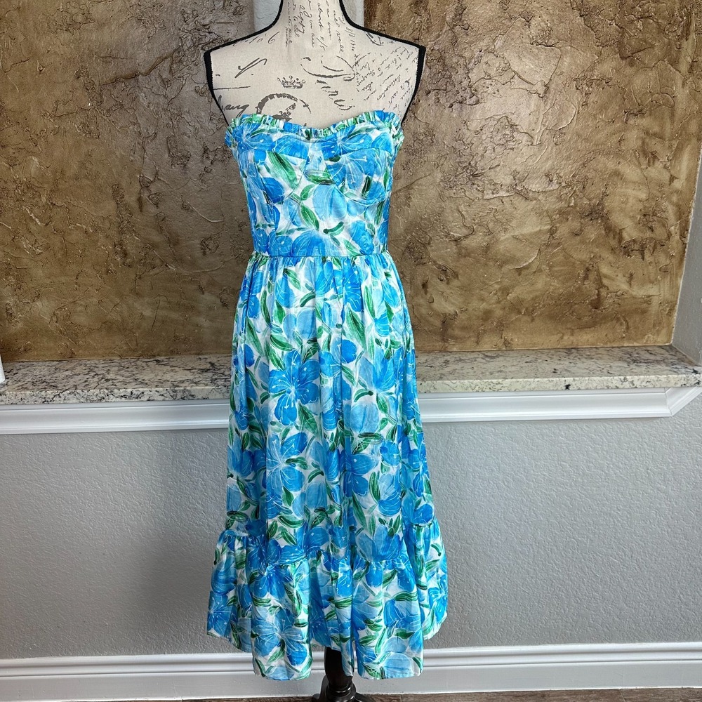 Storia Blue Green Floral Strapless Midi Dress
